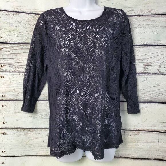 Maurices Women's XL Black Lace Overlay Top 3/4 Sleeve Sheer Floral Knit Blouse - Picture 1 of 8